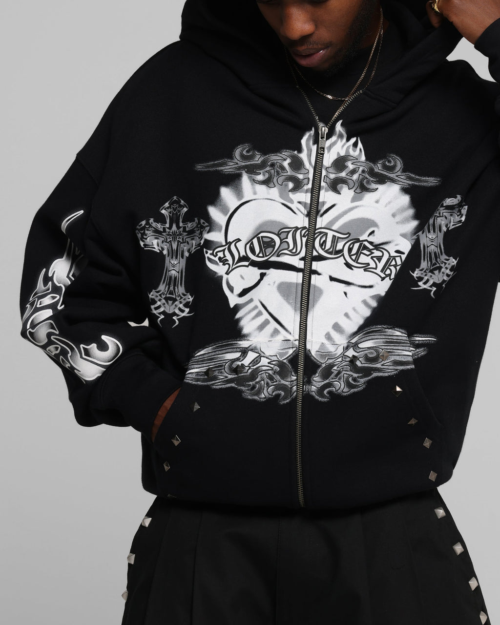 Loiter Hearts Zip Hoodie Black