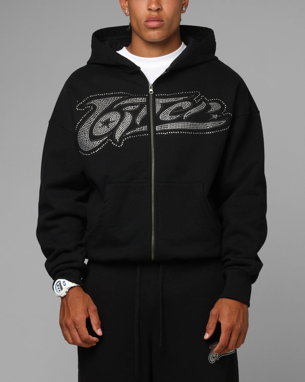 Loiter Silicone Rhinestone Zip Hoodie Black