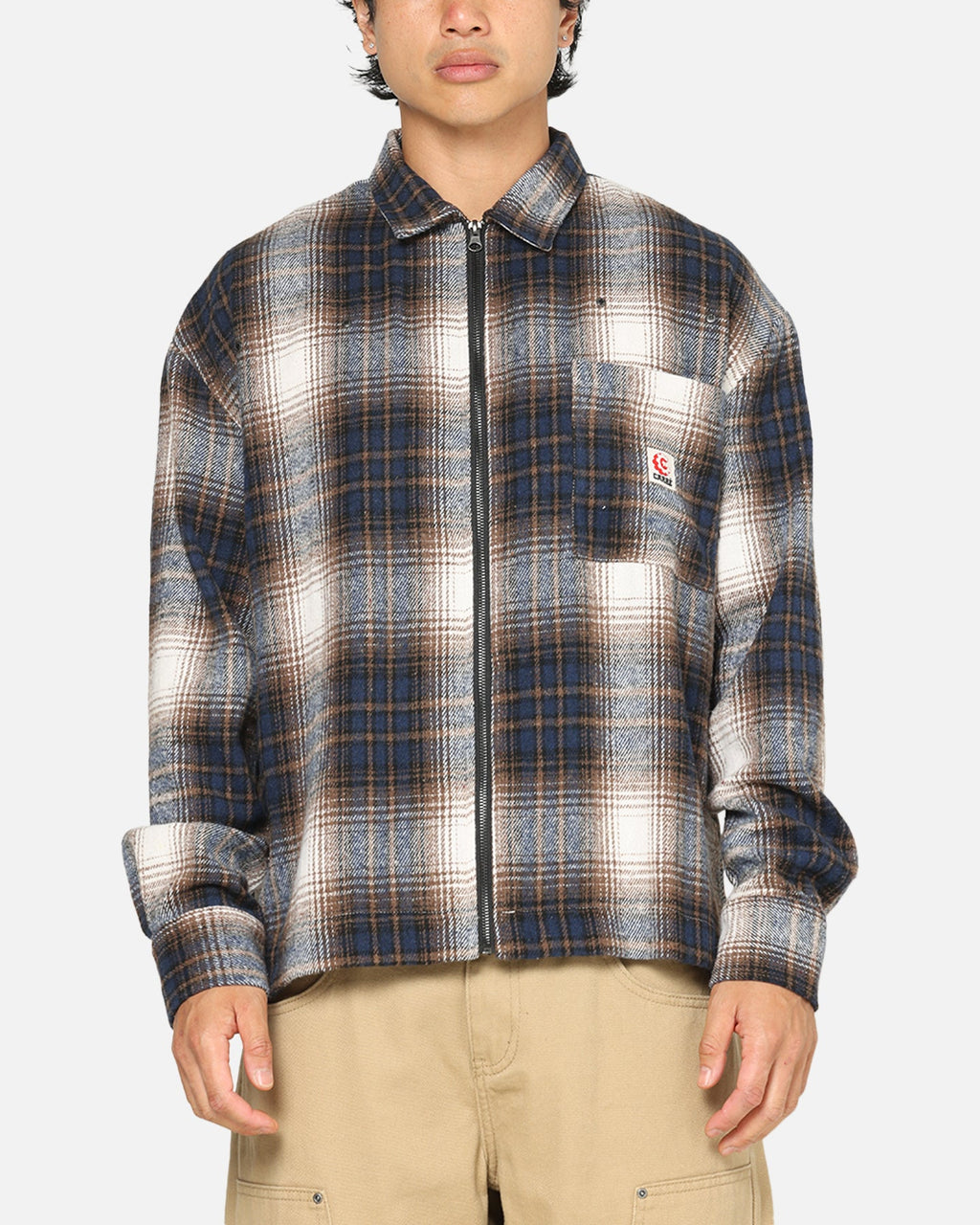 Carre Ombre Zip Up Long Sleeve Shirt Black Plaid