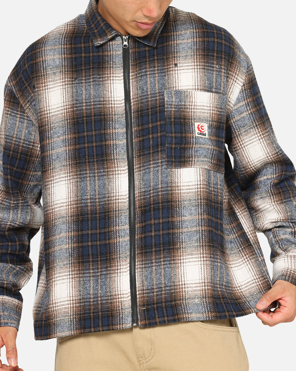 Carre Ombre Zip Up Long Sleeve Shirt Black Plaid