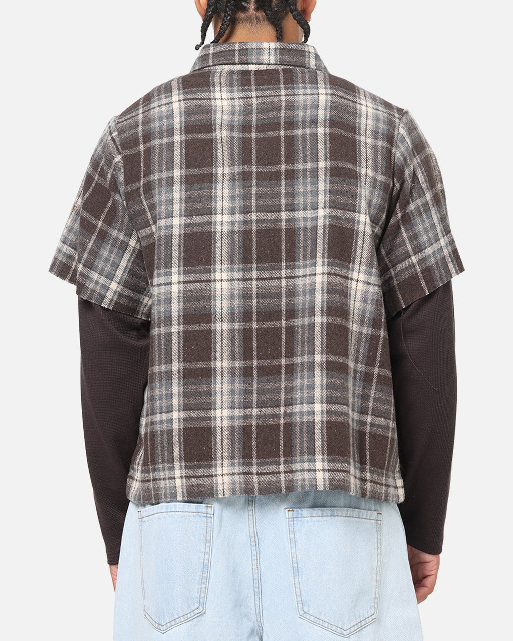 Saint Morta Plaid Layered Long Sleeve Button Up Shirt Brown