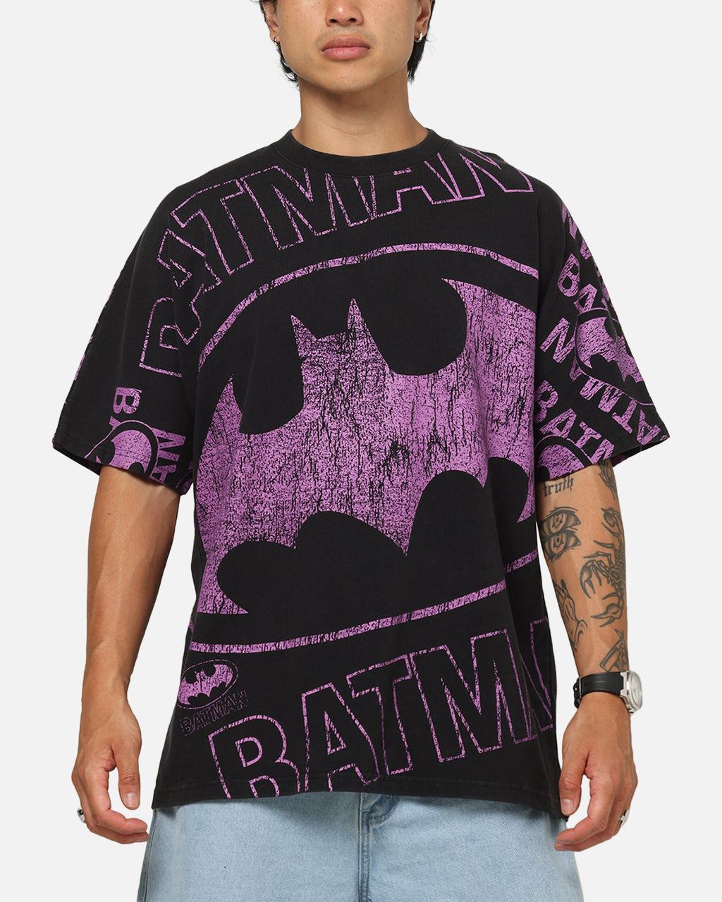 73Studio X DC Batman Logo All Over Print T-Shirt Black Wash