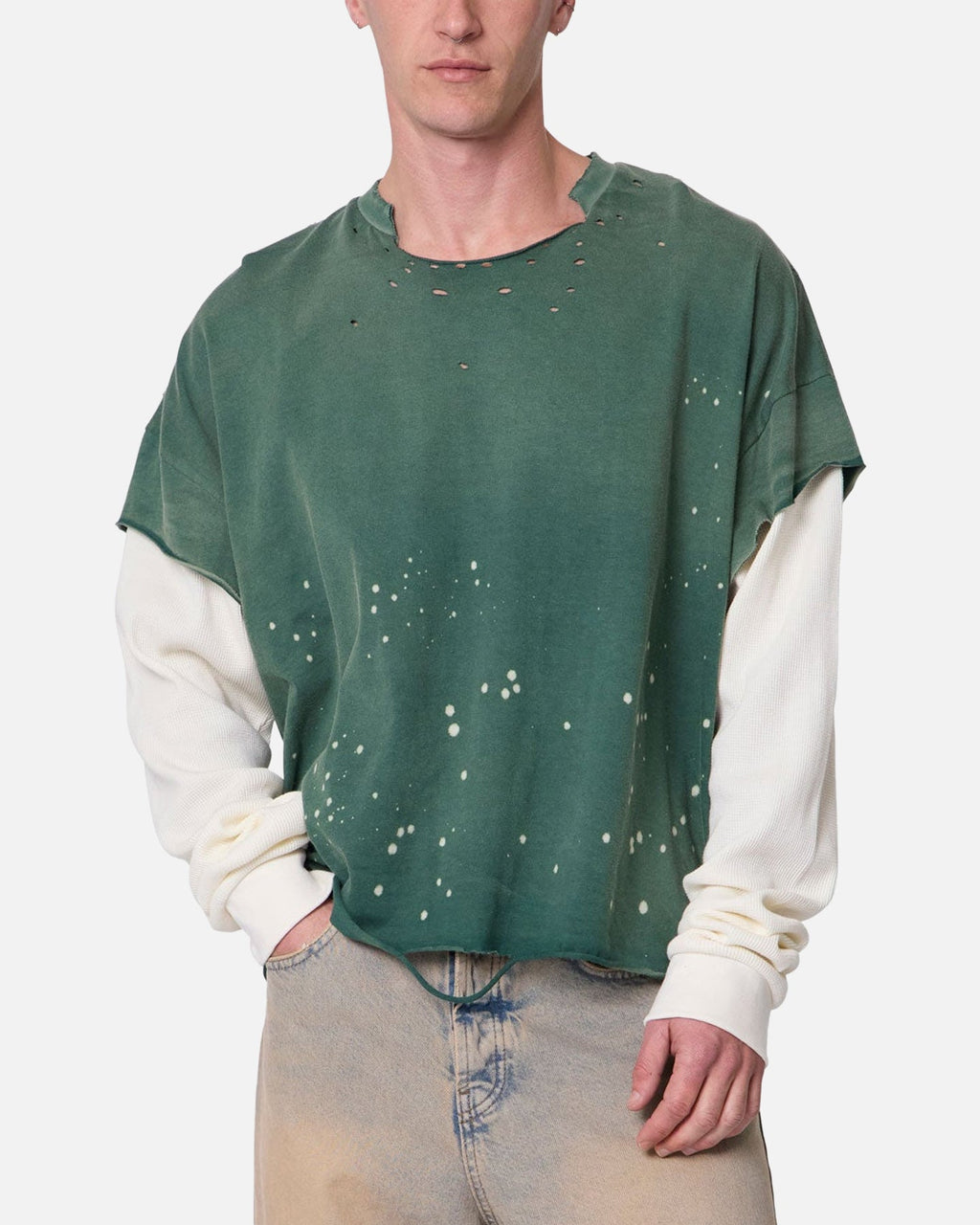MNML Layered Distressed Painted Long Sleeve T-Shirt Green