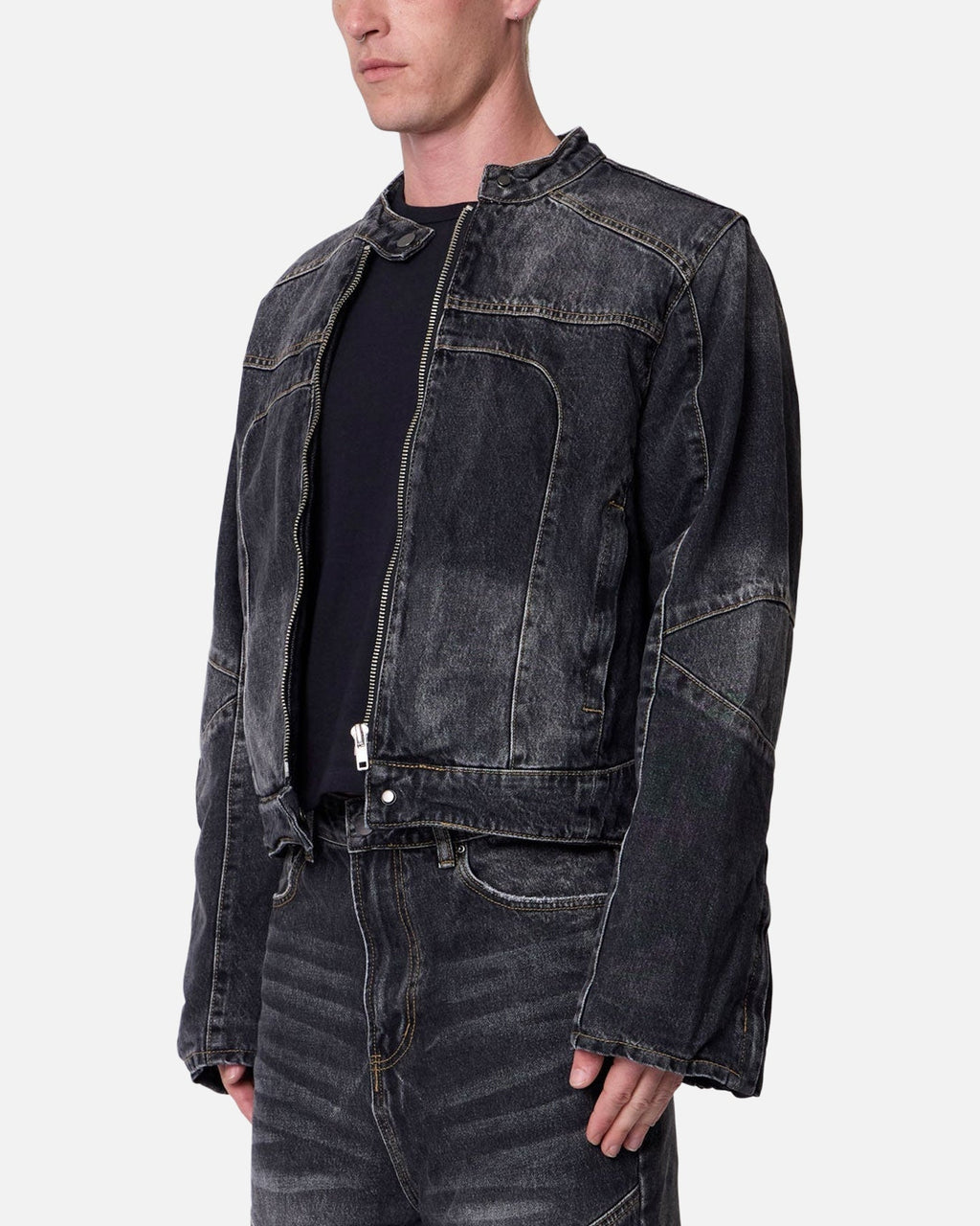 MNML Panelled Moto Denim Jacket Washed Black