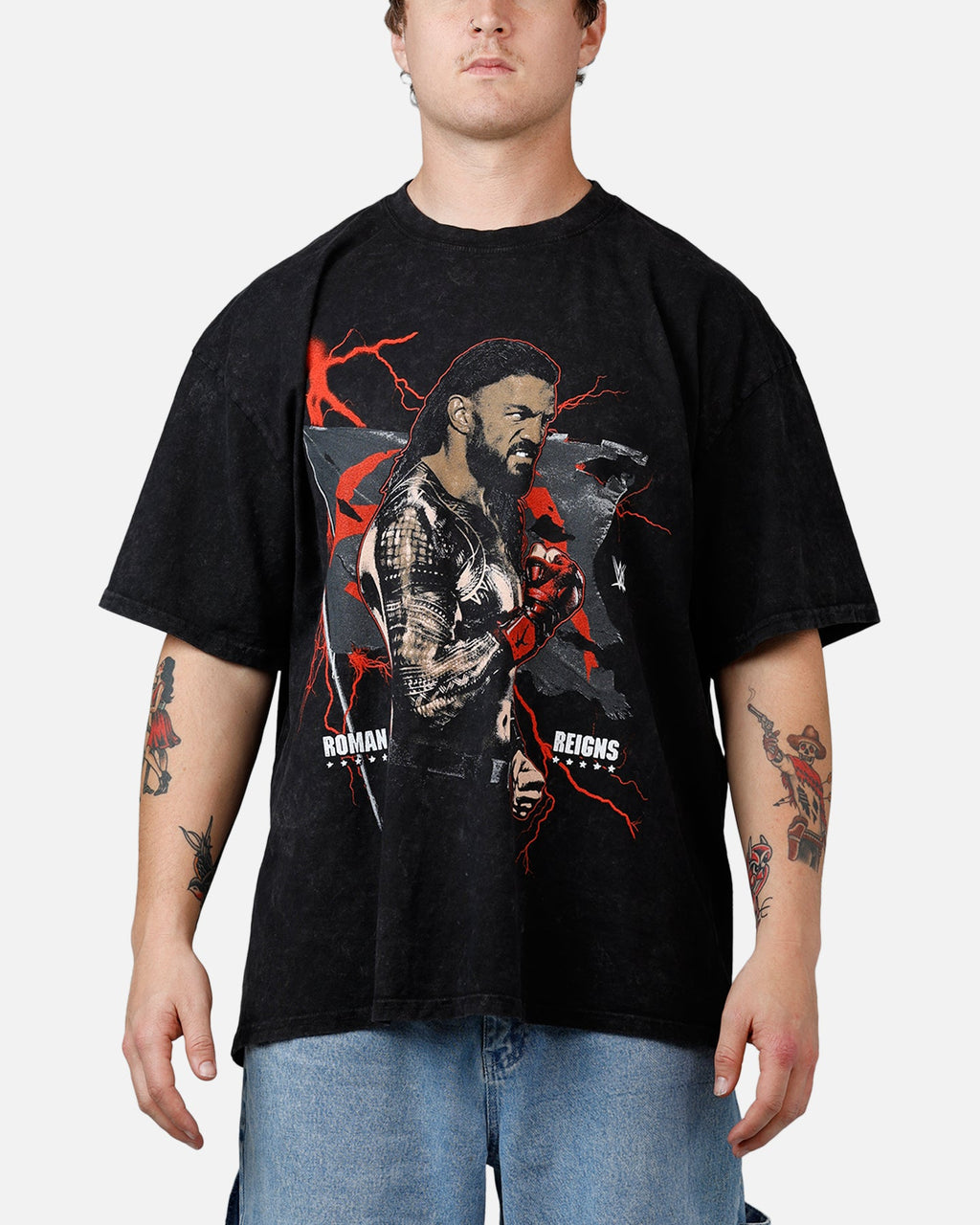73Studio X WWE Wrestlemania 42 Roman Reigns T-Shirt Black Acidwash