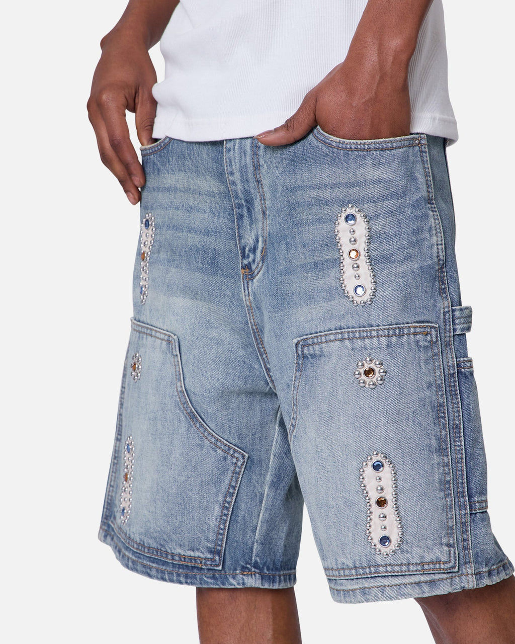 MNML Double Western Jewel Denim Shorts Blue