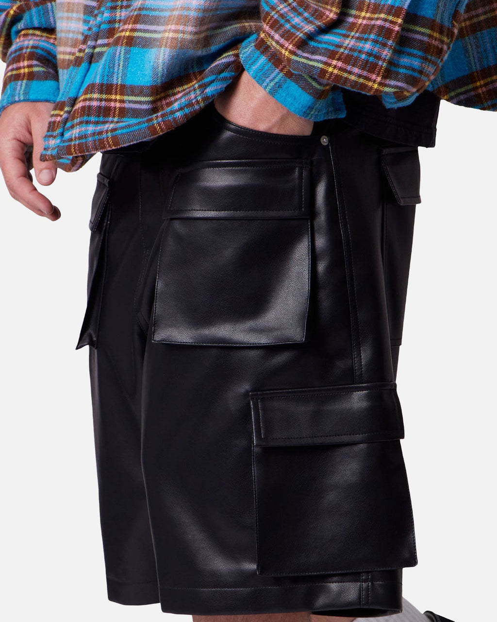 MNML Baggy Vegan Leather Cargo Shorts Black