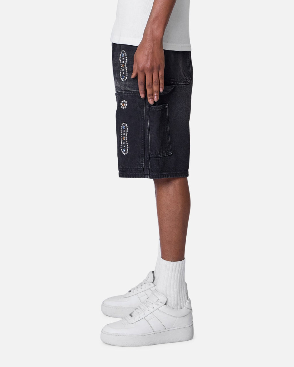 MNML Double Western Jewel Denim Shorts Washed Black