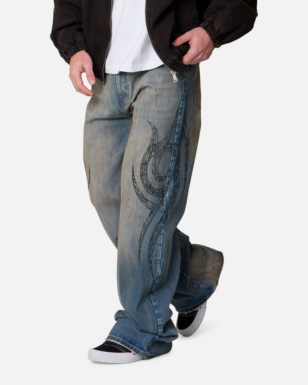 MNML Ultra Wide Tribal Denim Jeans Medium Blue